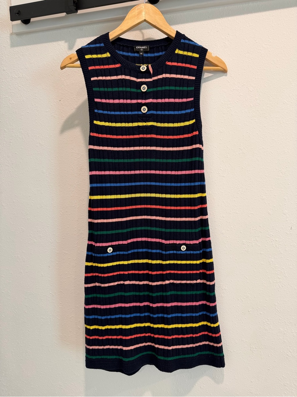 CHANEL Navy Ribbed Knit Dress with Multicolor Stripes